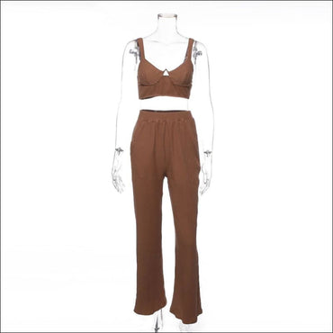 Solid Color Knit Crop Camisole And Flare Trousers Set