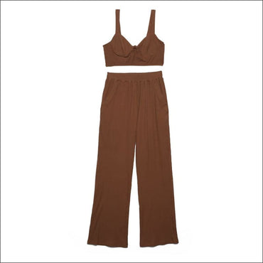 Solid Color Knit Crop Camisole And Flare Trousers Set