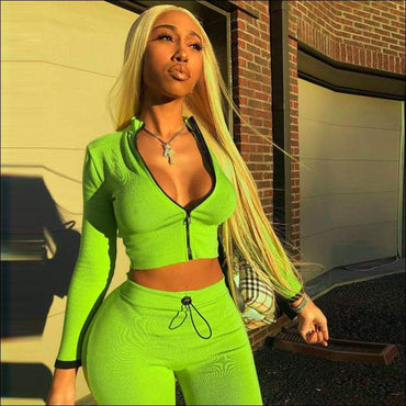 Solid Color Long-sleeve Zipper Top And Tight Pants
