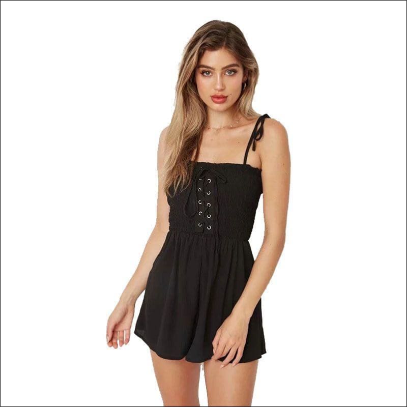 Solid Color Spaghetti Strap Lace-up Stretchy Rompers - XS / 