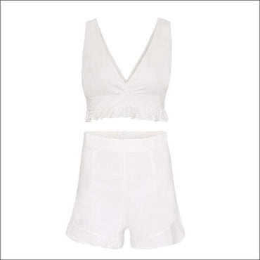 Solid Color V Neck Ruffled Tank Top Loose Shorts Set