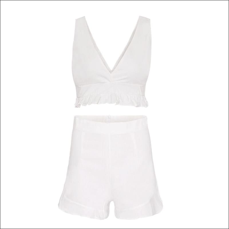 Solid Color V Neck Ruffled Tank Top Loose Shorts Set - L / 