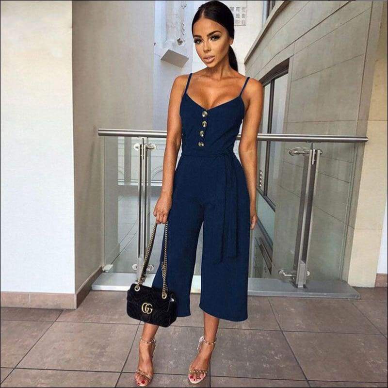 Spaghetti Strap Buttoned Sash Jumpsuits - M / Blue - 