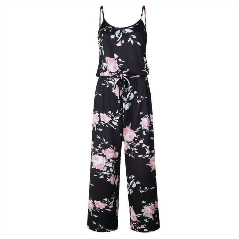 Spaghetti Strap Rose Print Loose Pattern Jumpsuits - S / 