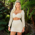 Square Neck Long-sleeve Top And Crease Bodycon Skirt Set