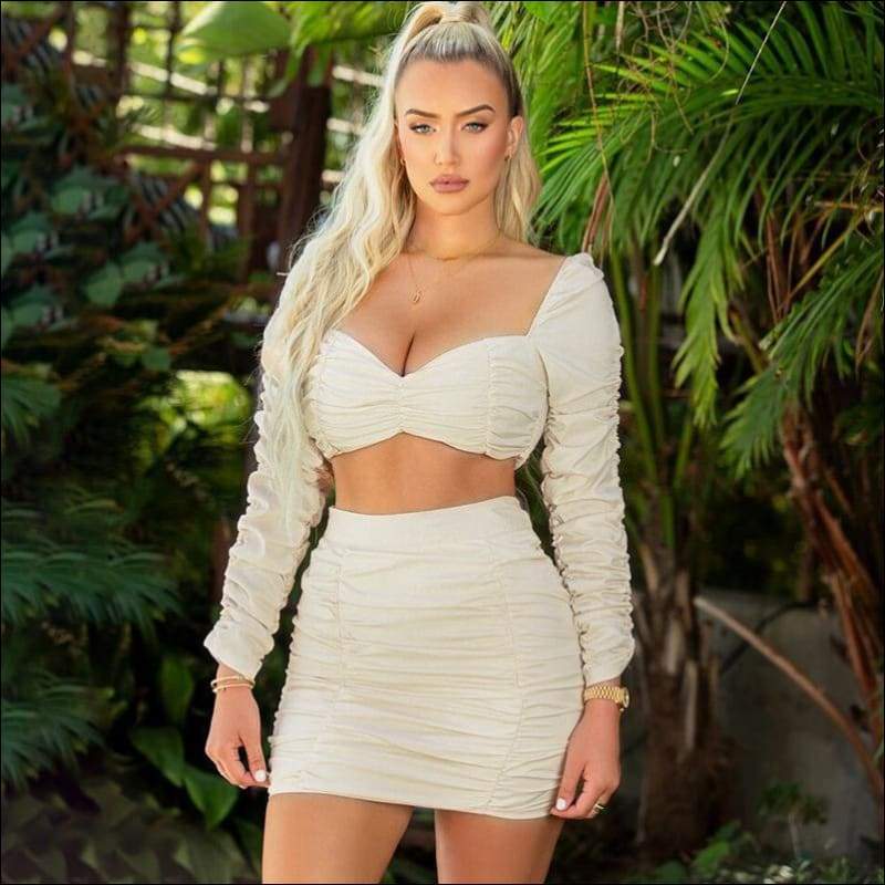 Square Neck Long-sleeve Top And Crease Bodycon Skirt Set - L