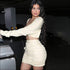 Square Neck Long-sleeve Top And Crease Bodycon Skirt Set