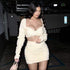 Square Neck Long-sleeve Top And Crease Bodycon Skirt Set