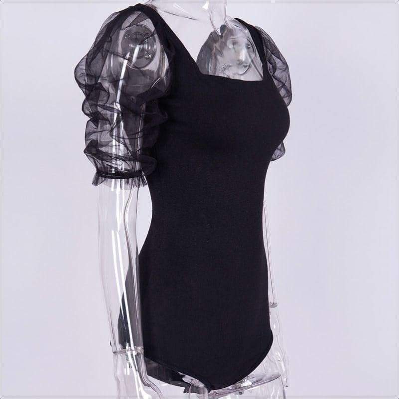 Square Neck Mesh Short-sleeve Slim Fit Bodysuit - M / Black 