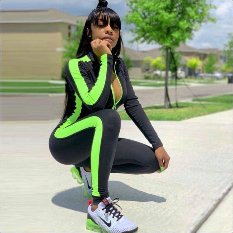 Stand Collar Long-sleeve Zipper Sports Jumpsuits - M / Green
