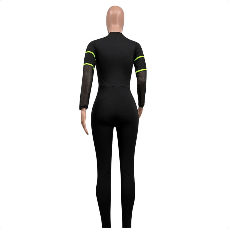 Stand Collar Zipper Long-sleeve Mesh Patchwork - Jumpsuits