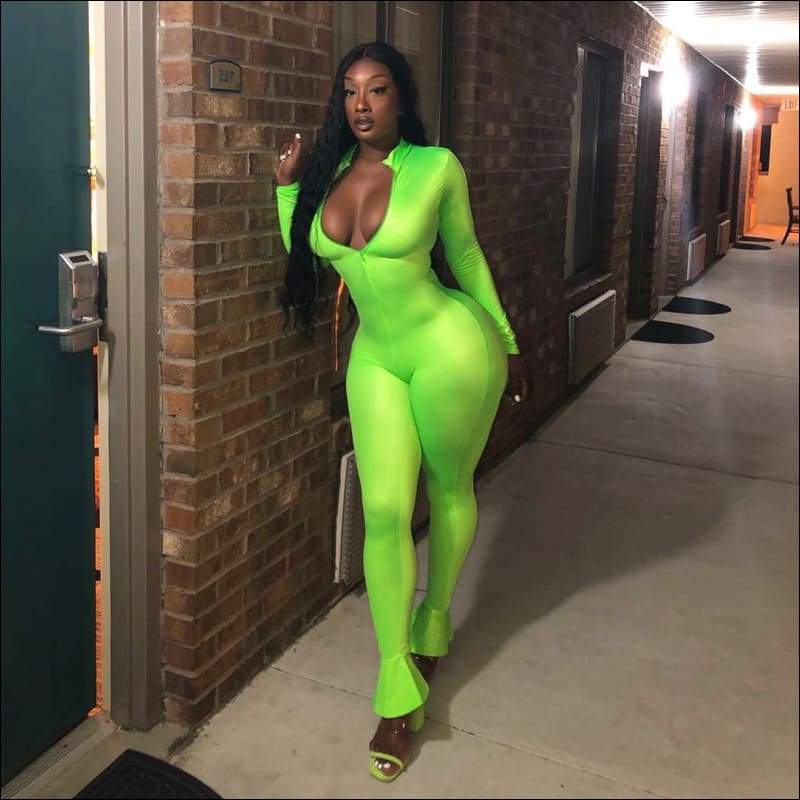 Stand Collar Zipper Long-sleeve Tight Jumpsuits - S / Green 