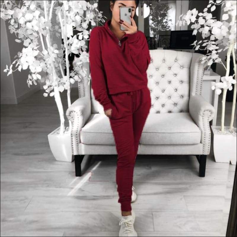 Stand Collar Zipper Long-sleeve Top And Casual Pants - S / 