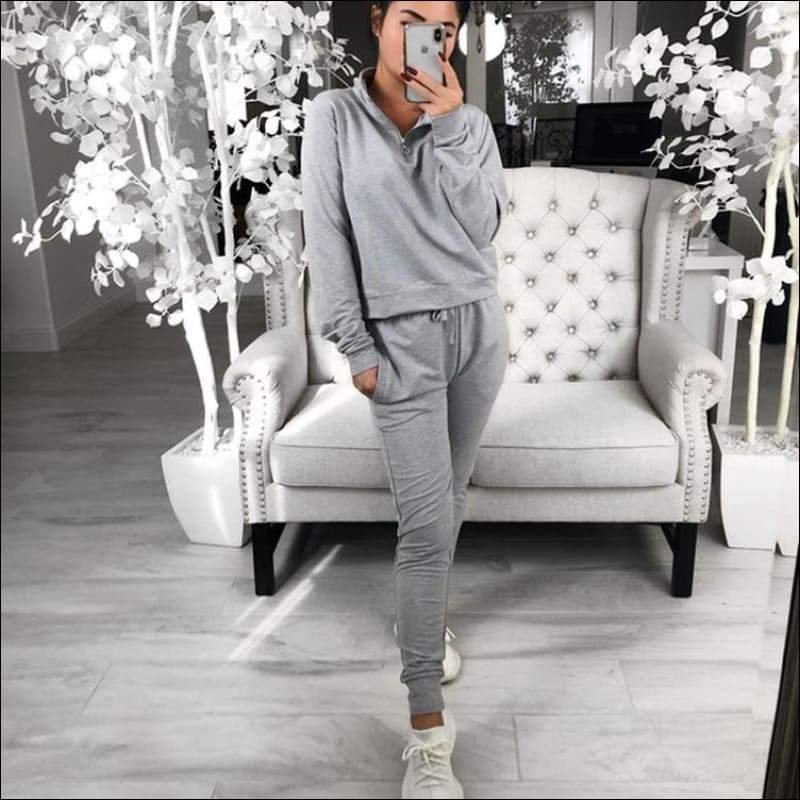 Stand Collar Zipper Long-sleeve Top And Casual Pants - S / 