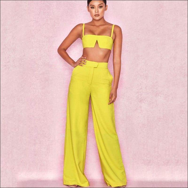 Strap Crop Top Casual Wide-leg Pants Set - M / Yellow - Sets