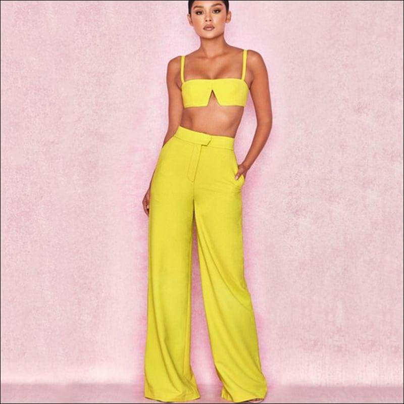Strap Crop Top Casual Wide-leg Pants Set - S / Yellow - Sets