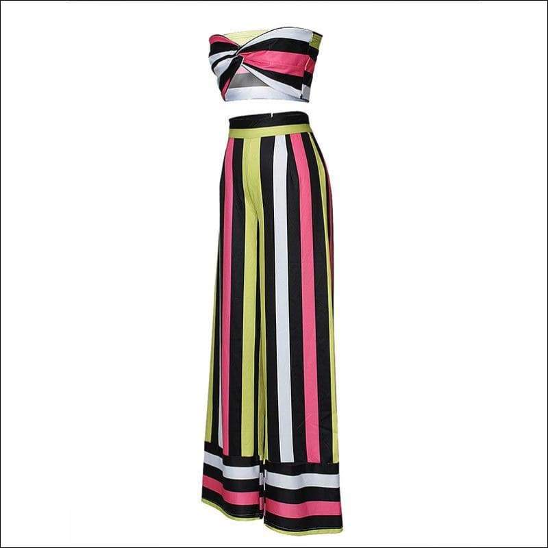 Strapless Crossing Design Crop Top Stripes Print Pants Set -
