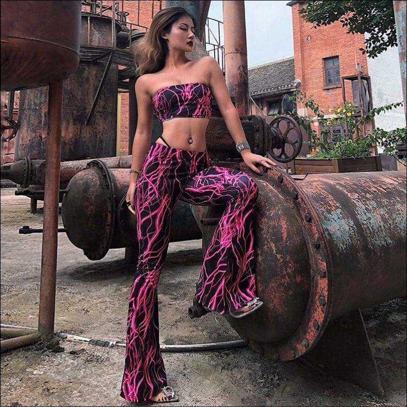 Strapless Printed Flare Trousers Tube Top Set - S / Rose - 