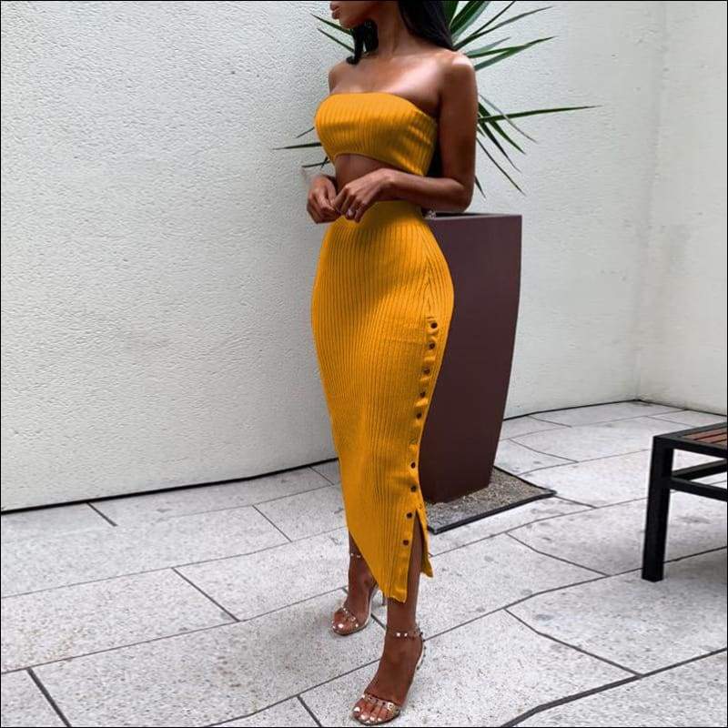 Strapless Tube Top And Side-slit Bodycon Skirt - S / Yellow 