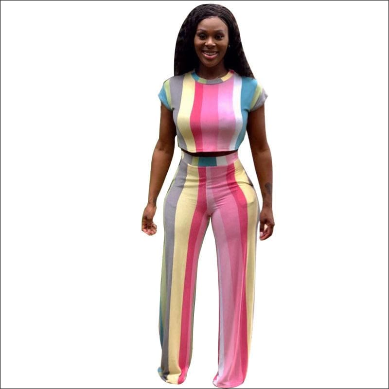 Stripe Tee And Straight Pants Two Pieces Sets Fashion Round 