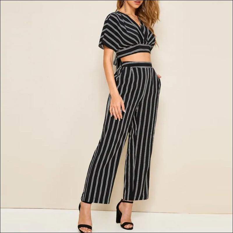 Stripe V-neck Crop Top And Casual Pants Two Pieces Set - M /