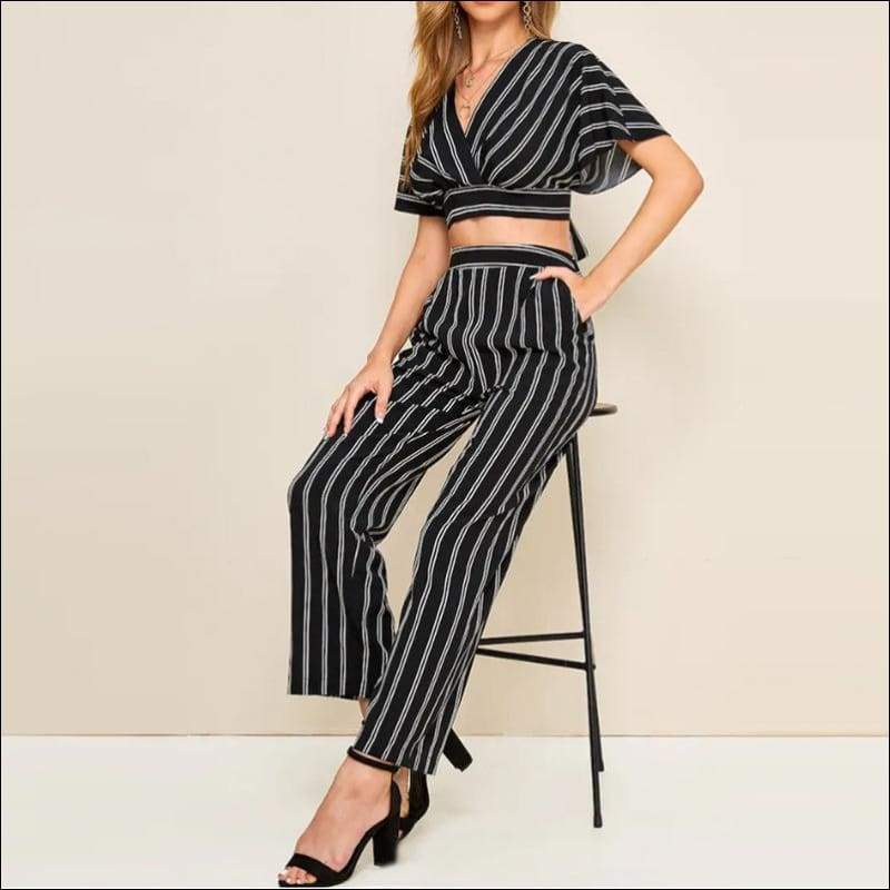 Stripe V-neck Crop Top And Casual Pants Two Pieces Set - S /