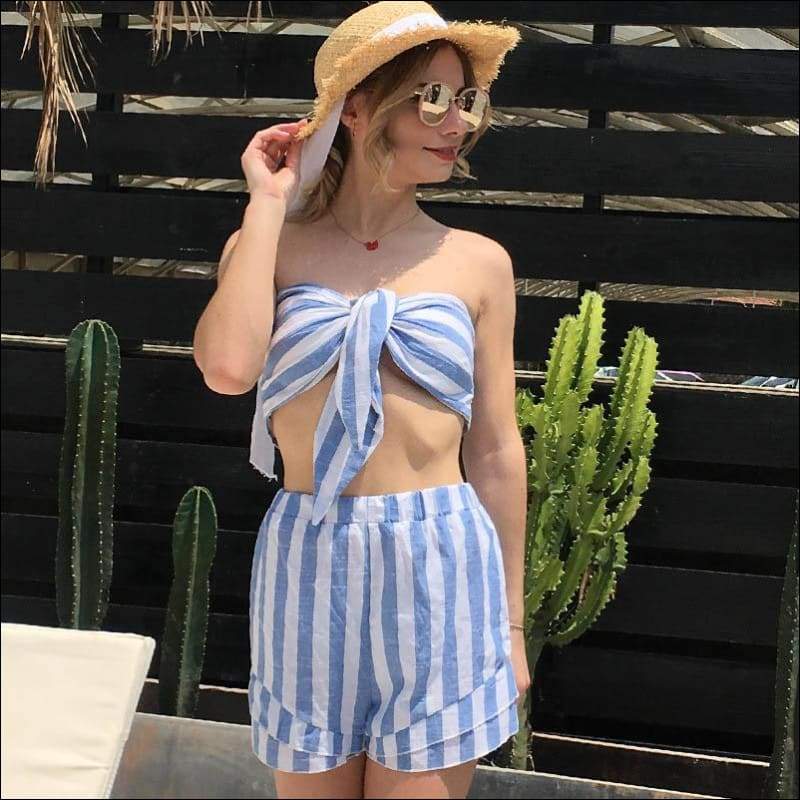 Stripes Casual Style Backless Strapless Tank Tops And Shorts