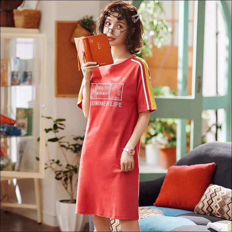 Stripes Pattern Short-sleeve Cotton Nightdress - M / Red - 