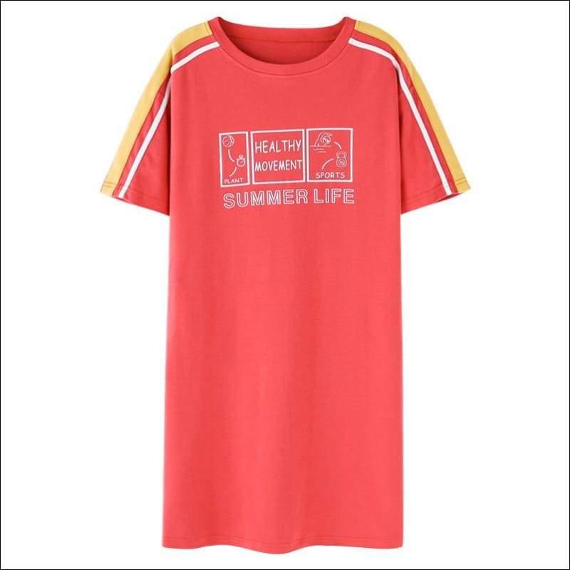 Stripes Pattern Short-sleeve Cotton Nightdress - XXL / Red -