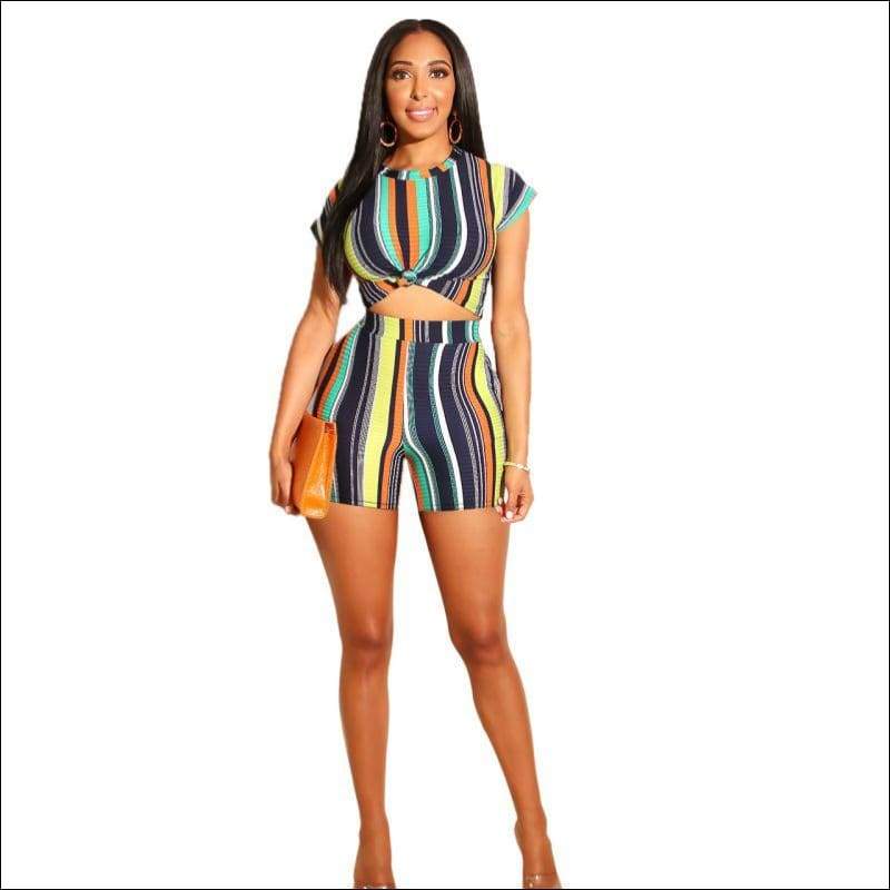 Stripes Print Short-sleeve Tee Casual Shorts Set - S / Green