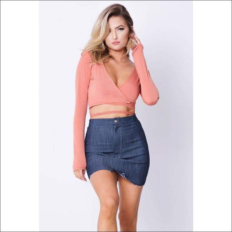 Surplice Long Sleeve Crop Top - Women’s Clothing