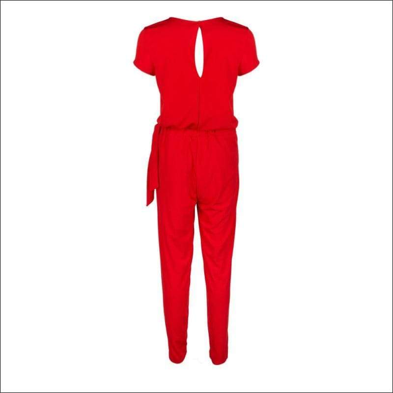 Surpliced Short V Neck Sleeve Red Jumpsuits - M / Red - 