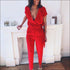 Surpliced Short V Neck Sleeve Red Jumpsuits