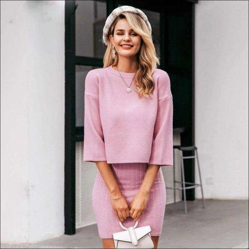 Sweater Knitted Skirt Two Pieces Set - F / Pink - Sets 