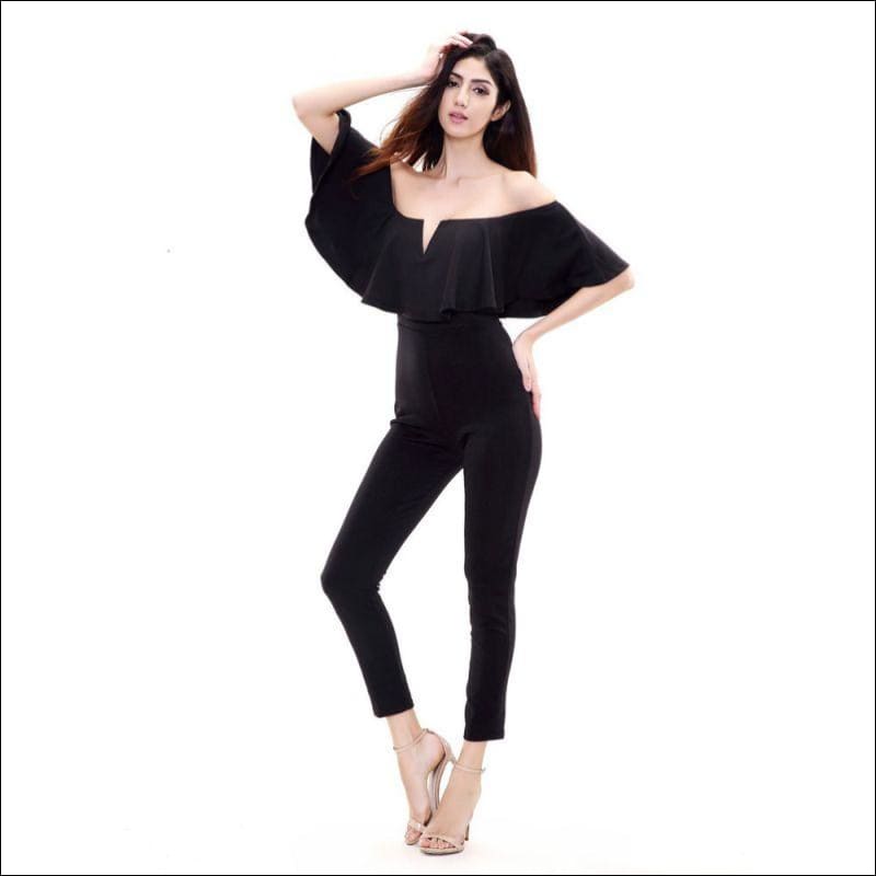Sweet Ruffled Off-shoulder Cropped Tight Jumpsuits - XXL / 