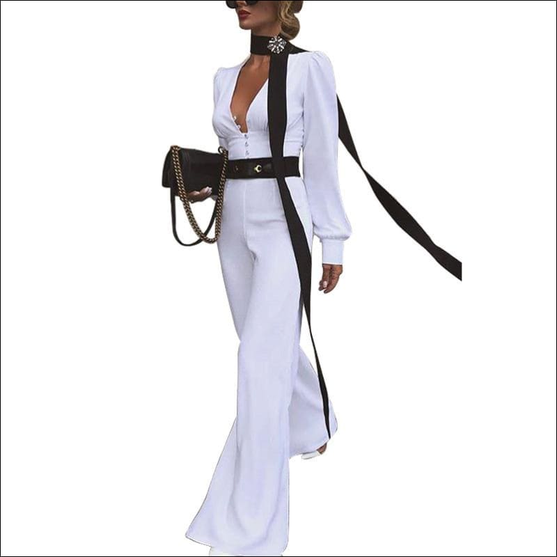 Temperamental Deep V-neck Long-sleeve Flared Jumpsuits - S /