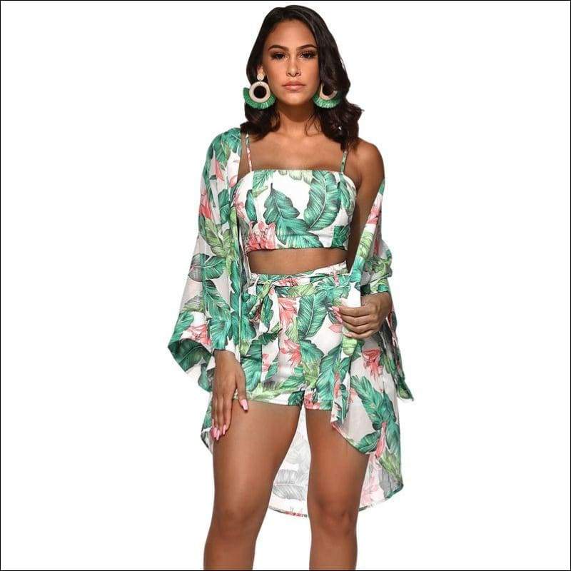 Three-pieces Set Vacation Pattern Casual Leaf Print Chiffon 