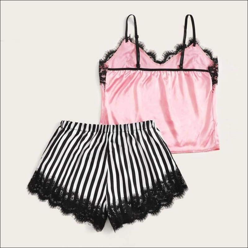 Top And Striped Shorts Nightwear Set - M / Pink - Lingerie &