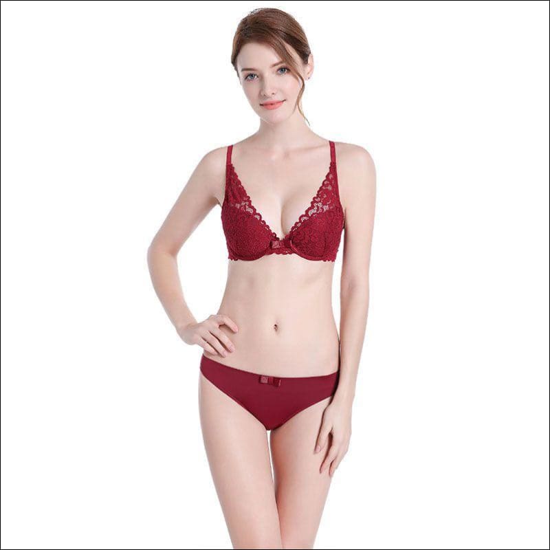 Triangle Pattern Push-up Underwire Bra Set - 70B / Red - 