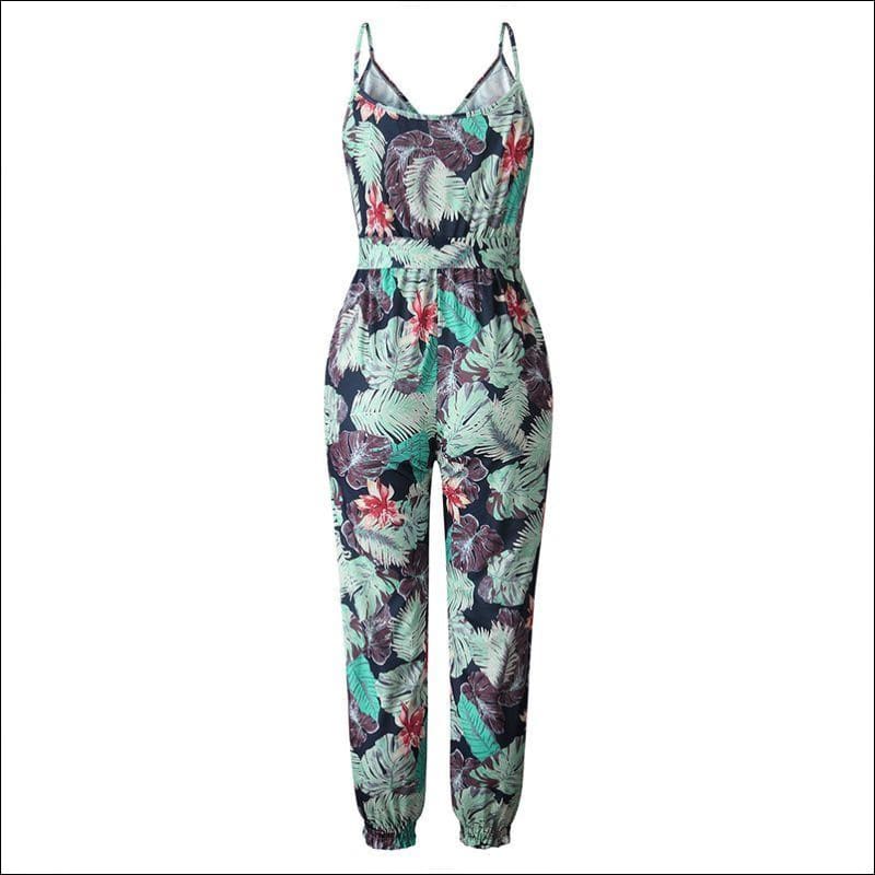 Tropical Leaf Printed Deep V Neck Surplice Jumpsuits - M / 