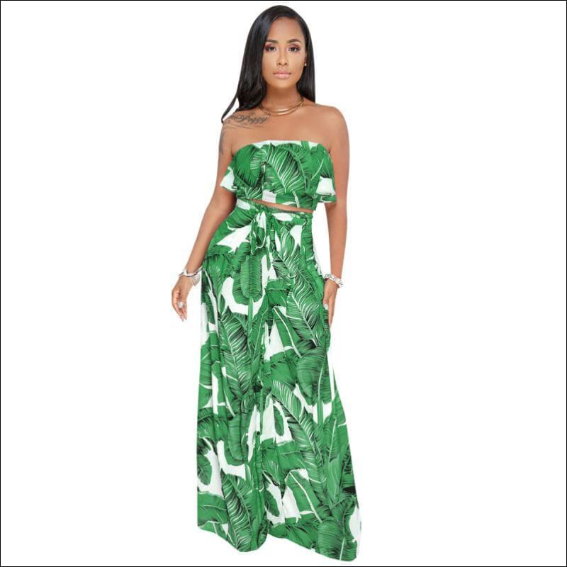 Tropical Leaves Printd Strapless Tube Top Wid-leg Pants Set 