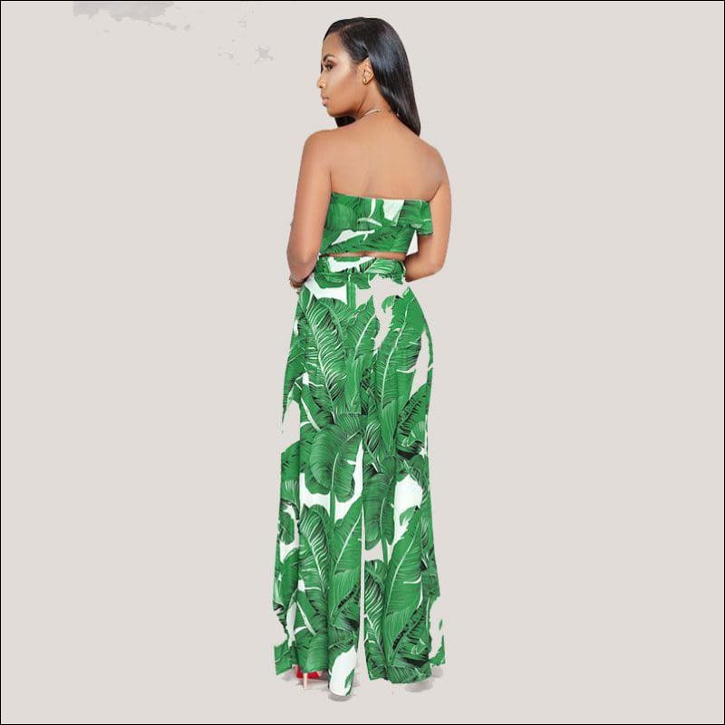 Tropical Leaves Printd Strapless Tube Top Wid-leg Pants Set 