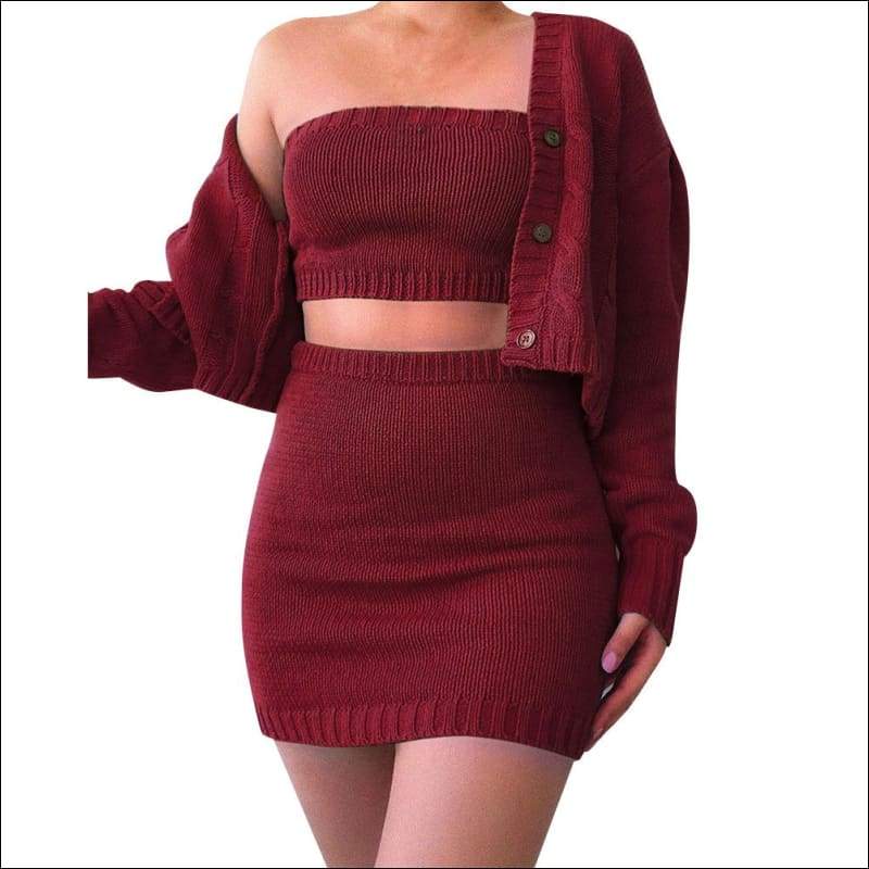 Tube Top And Single-breasted Cardigan And Bodycon Skirt Knit