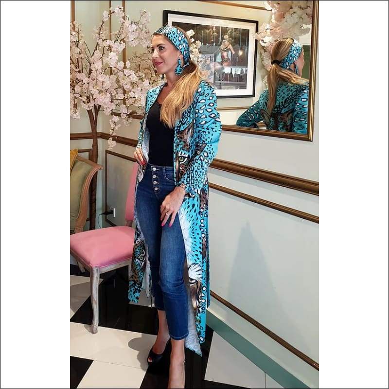 Turquoise Leopard Long Kimono-Cardigan - One Size - Dresses