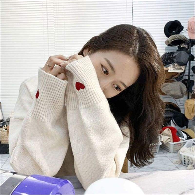Turtle-neck Love Heart Pattern Knitted Loose Sweater - F / 