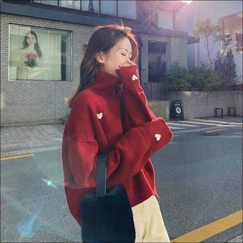 Turtle-neck Love Heart Pattern Knitted Loose Sweater - F / 