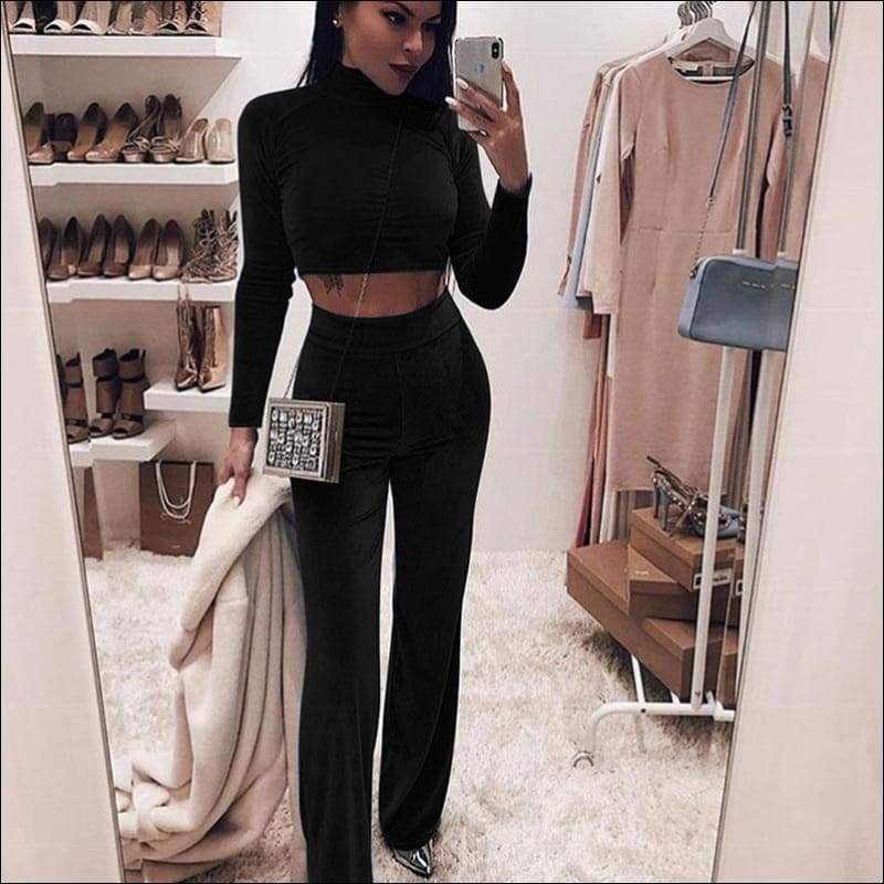 Turtleneck Long Sleeve Crop Top And Pants Casual Two Pieces 