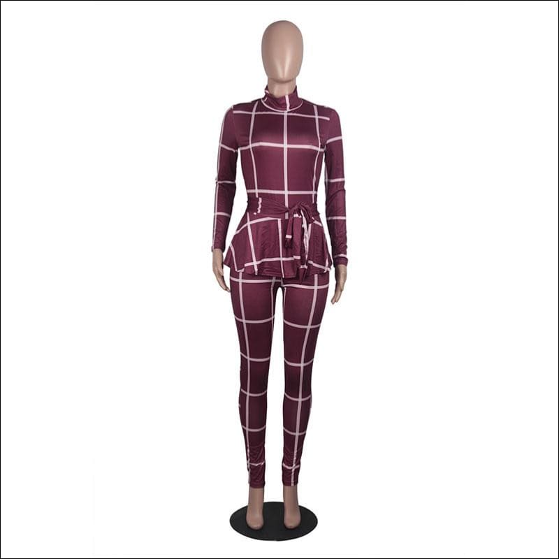 Turtleneck Long-sleeve Plaid Ruffle Patchwork - Jumpsuits