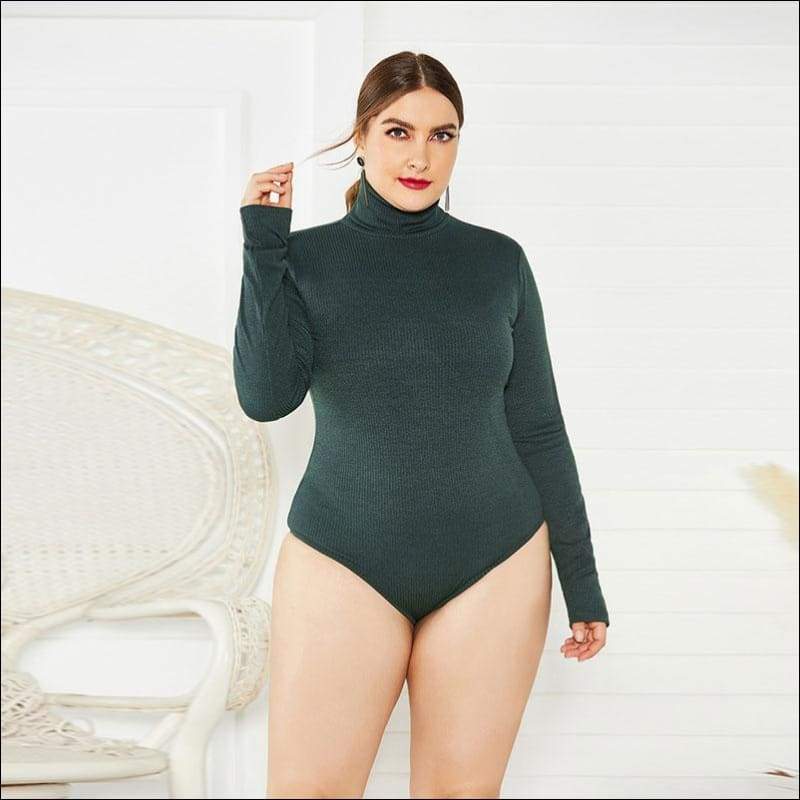 Turtleneck Long-sleeve Plus-size Bodysuits - XL / Green - 