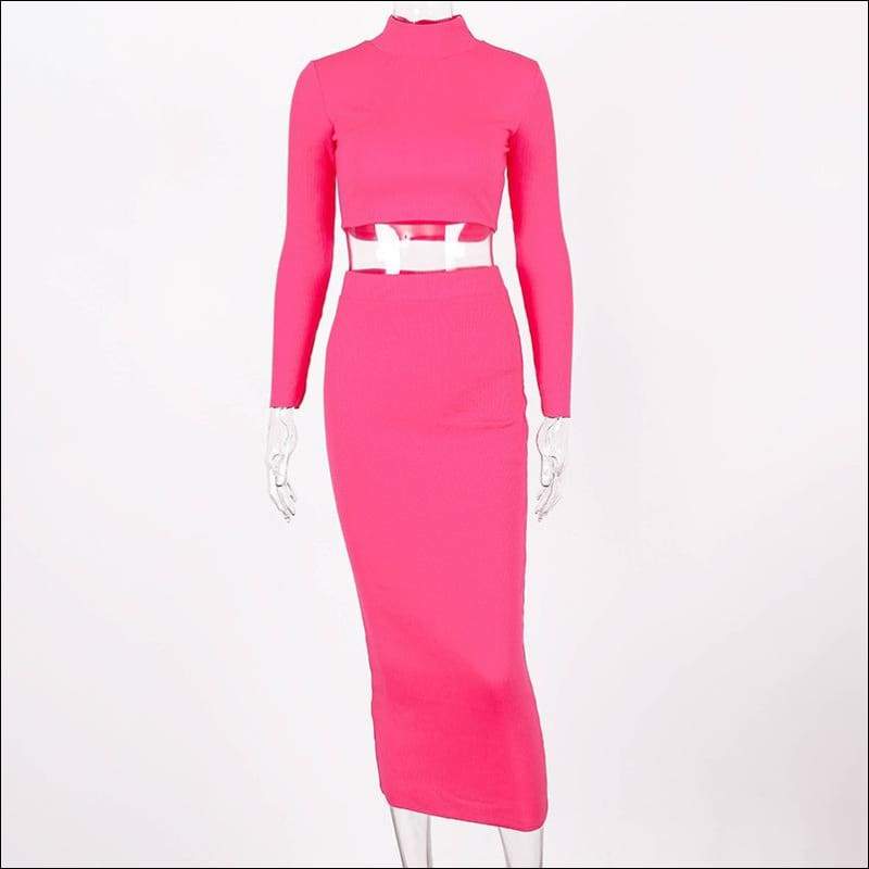 Turtleneck Long-sleeve Solid Color Top And Knit Bodycon 
